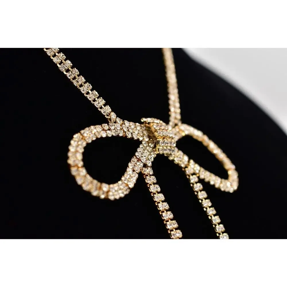 Vintage Statement Bow Tie Collar Necklace Chain Rhinestone Gold Tone Y2K BinBJ